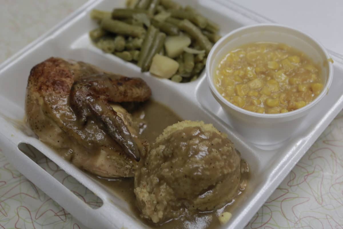 mrs. lees chicken, corn, string beans